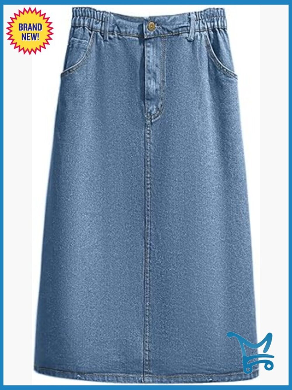 High Rise Stretchy Denim A Line Midi Skirt with Pockets